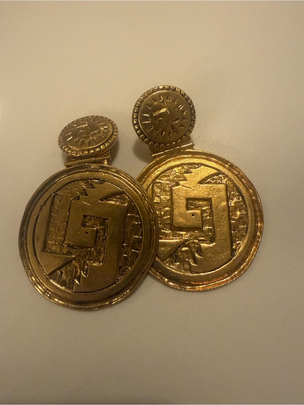 Vintage Signed “Meris” Gold Coin Made in Athens Statement Clip-On Earrings